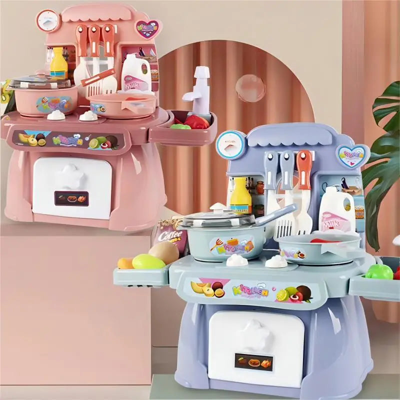 Spielzeug-Kinderküchen-Spielset mit Licht- und Soundeffekten sowie Lebensmitteln; mit rosa- und lavendelfarbenen Kunststoff-Küchensets, farbenfrohem Besteck, Geräten und Lebensmitteln für fantasievolles Spiel