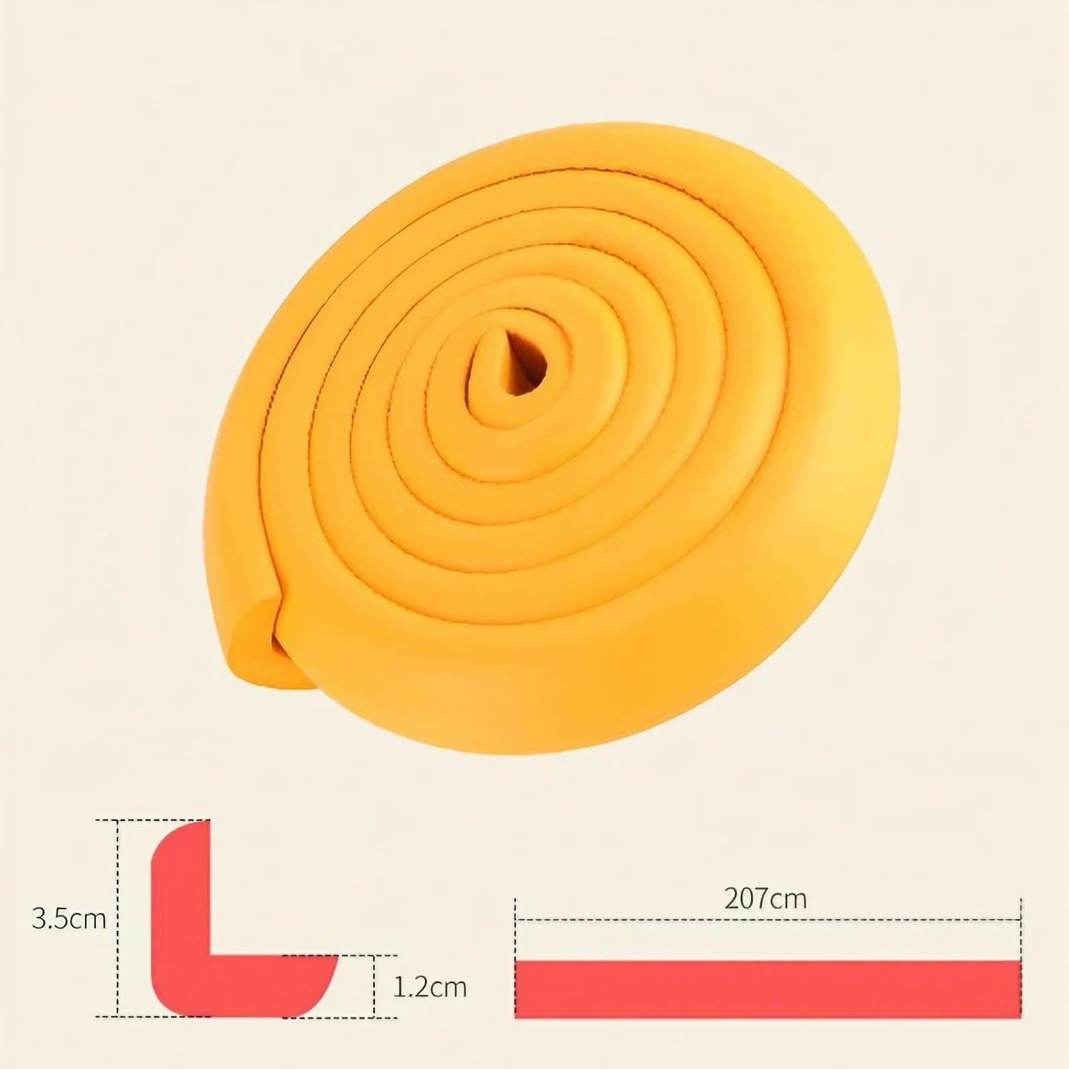 Bright yellow flexible foam child safety bumper strip with thick l shape guard and soft rounded design.