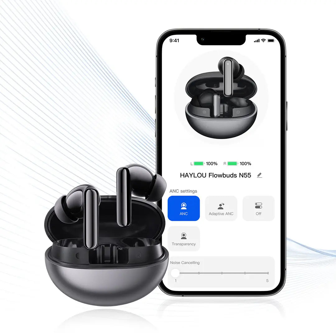 Écouteurs sans fil Haylou FlowBuds N55 noirs avec ANC et LDAC dans un étui de charge brillant et élégant, mettant en avant une autonomie prolongée