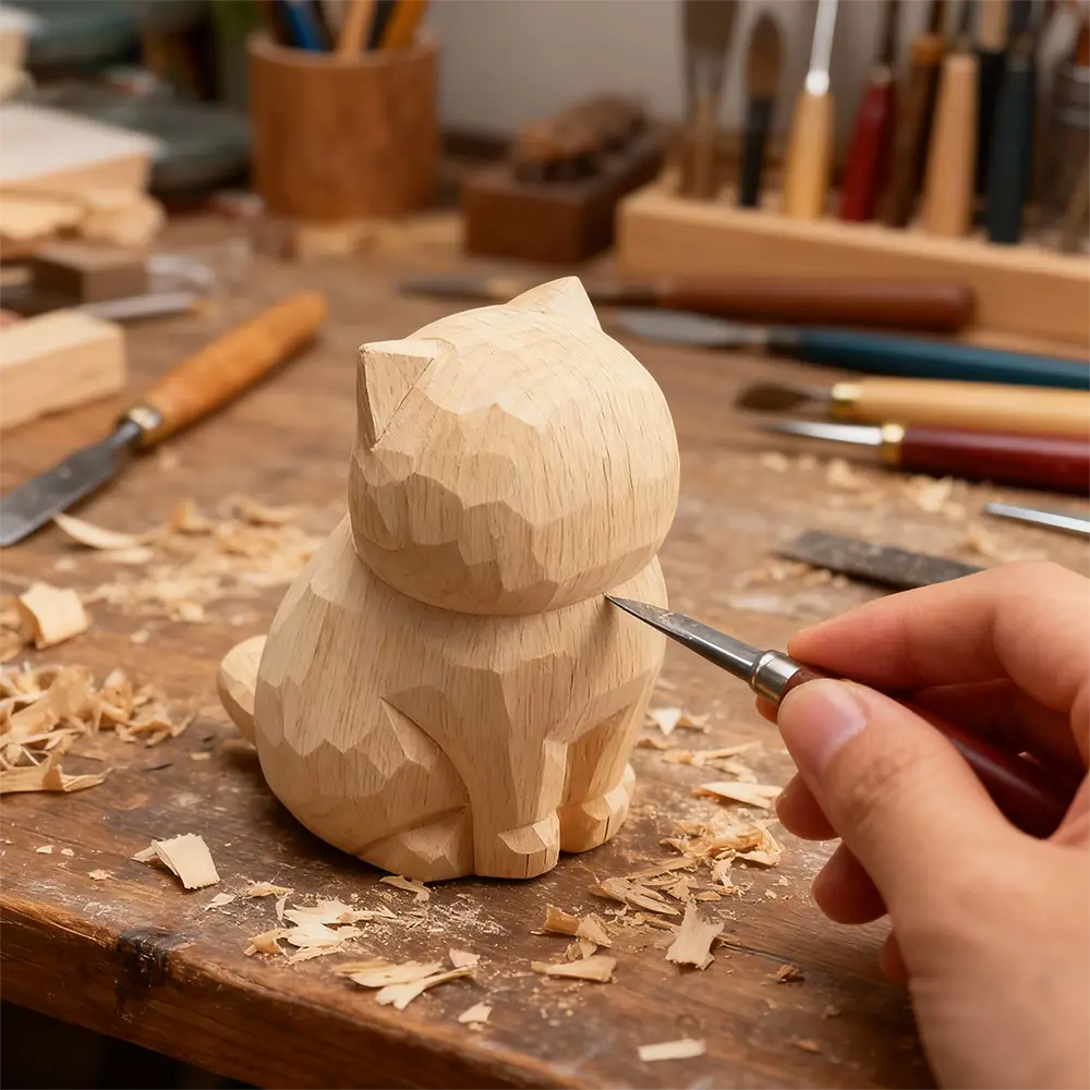 handcrafted wooden cat figurine desk decor made of light-colored wood with geometric faceted details representing an actual product available factory direct.