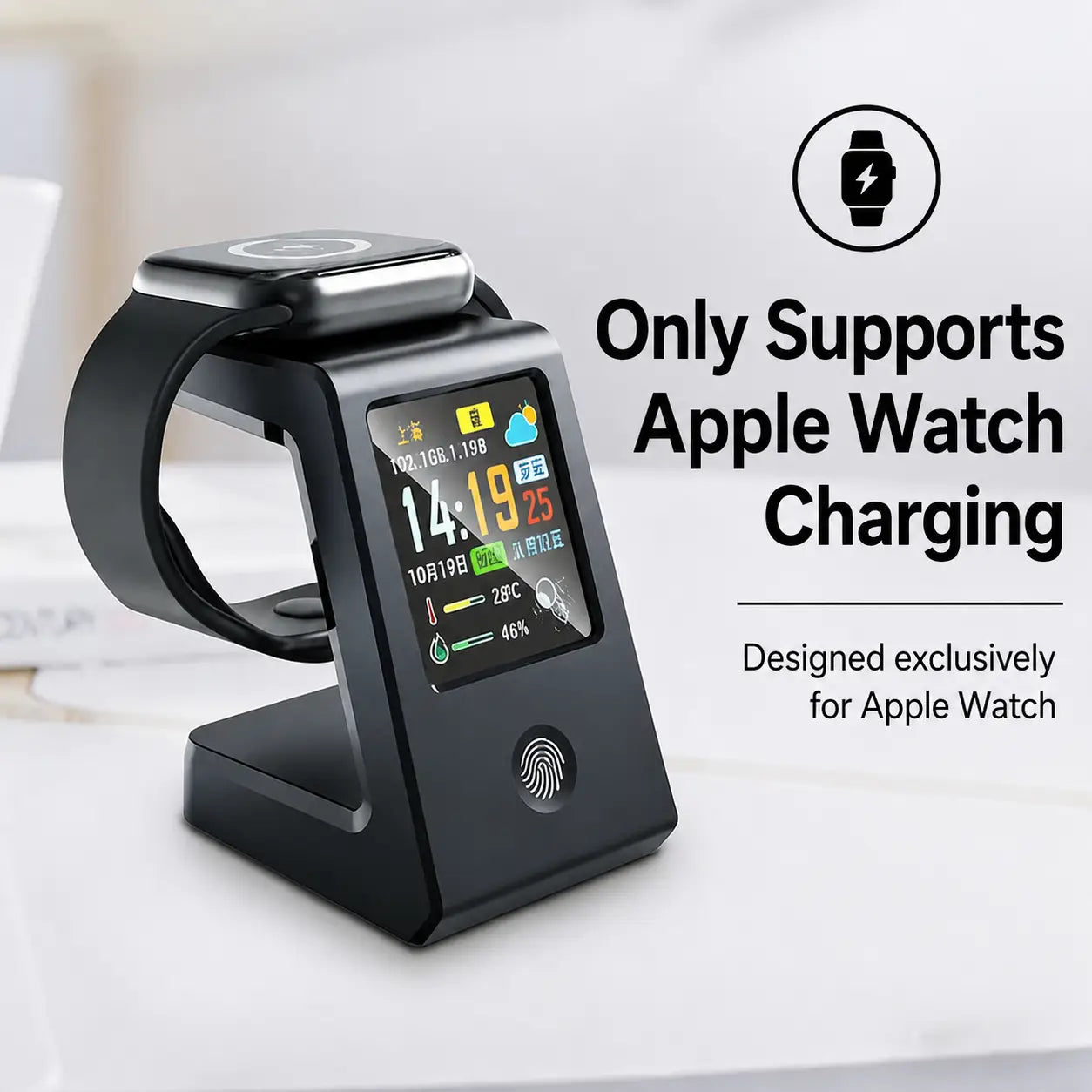 Black apple watch charging stand with built-in fingerprint sensor and display screen showing weather time and battery status for wifi weather clock wireless charger desk stand.