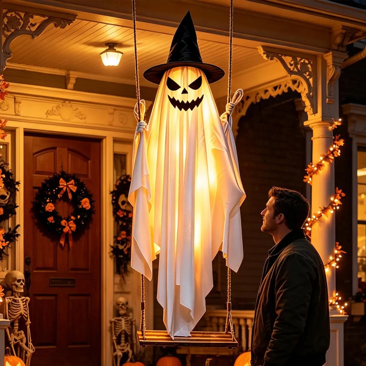 Una decoración de columpio de árbol de Halloween con fantasma colgante blanco y brillante, con un sombrero de bruja negro y rasgos faciales tallados, colgada de cuerdas en un columpio de árbol de madera de 47 pulgadas