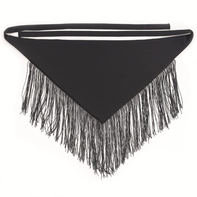 Ceinture de taille à franges noires en forme triangulaire, avec de longues franges fluides et un détail de lien à ruban