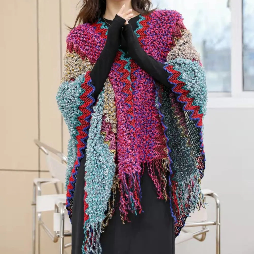 Ethnic Style Cape Oversized Sweater Jacket Women Fashion New Loose Patchwork Warm Long Scarf Knitted Cardigan Woman