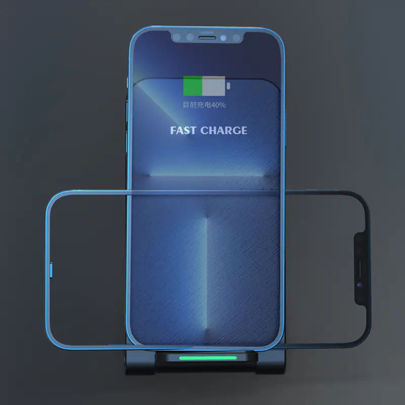 Type C充電およびワイヤレス充電に対応する30W高速ワイヤレス充電器の上にガラス画面を搭載したブルーのiPhone 12を配置しています。