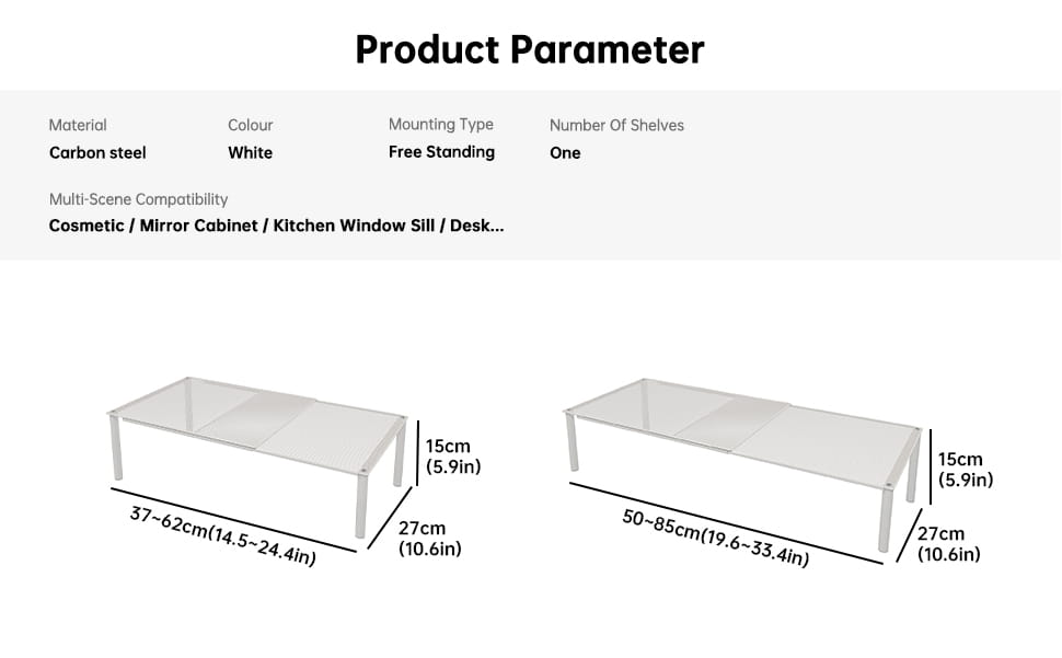 Expandable white metal shoe rack storage organizer featuring white carbon steel frame with glass top and adjustable length shelves.