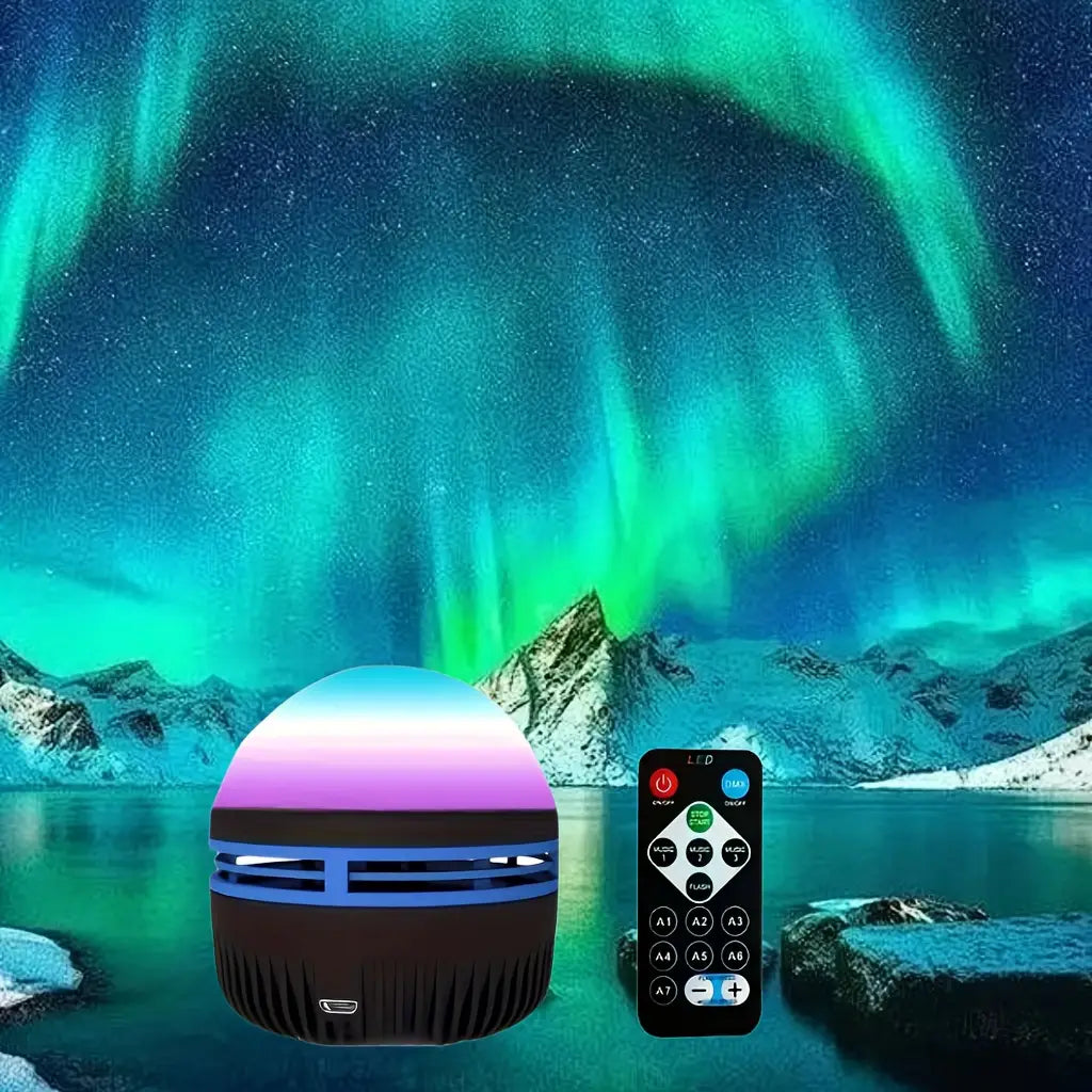 ein eleganter, kuppelförmiger Nordlichter-Projektor mit einem Verlauf von Lila zu Blau im Leuchten und einer schwarzen, strukturierten Basis, von vorne gezeigt, mit Fernbedienungsfunktion