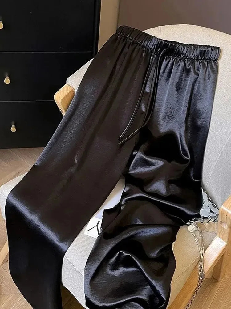 Chic Satin Wide Leg Pant Women High Waist Sweet Fashion Elegant Trousers Summer Loose Korean Casual Female Soft Lace Up Pants