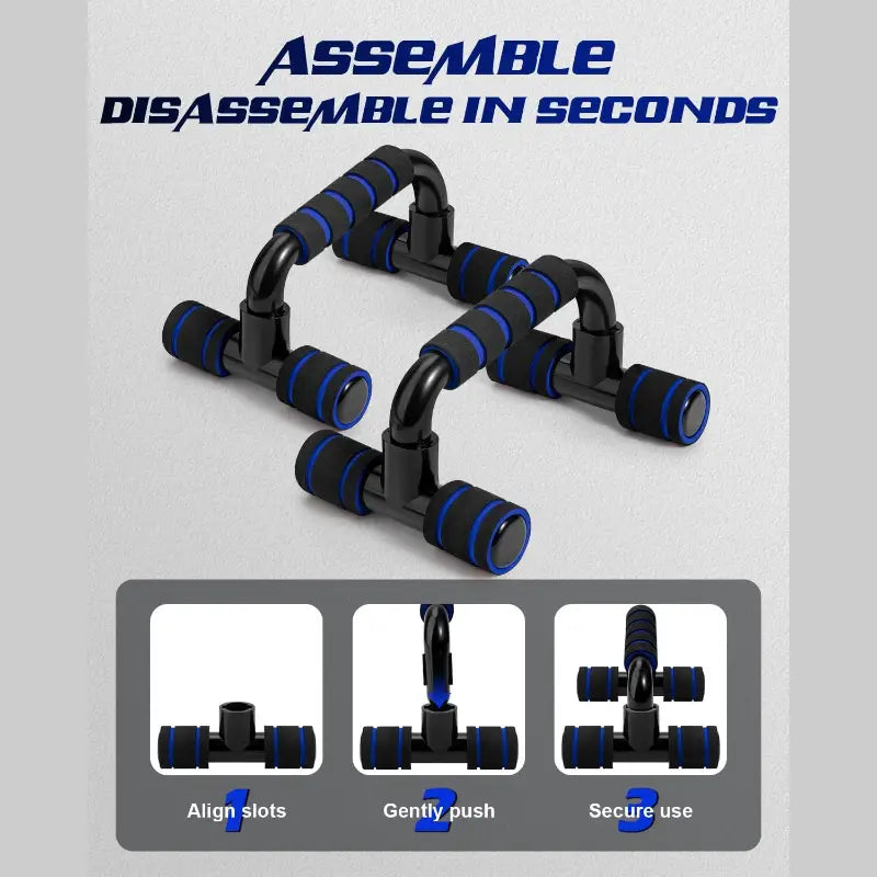 Barras de flexiones en forma de H en negro y azul con altura ajustable y empuñaduras de goma ergonómicas para entrenamiento de fuerza.