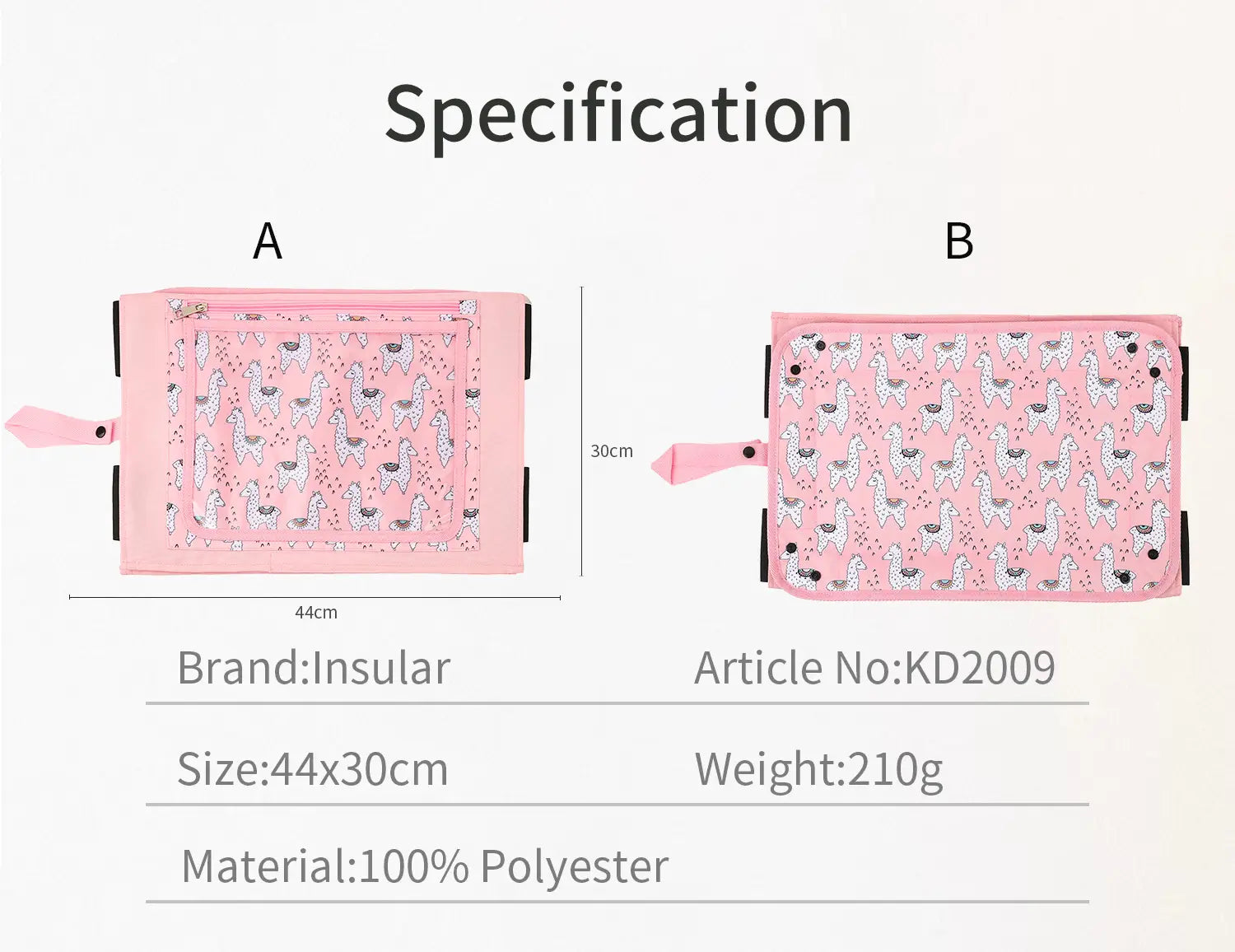 Rosa Polyester-Kinder-Flugzeug-Ablagetablett-Lap-Desk mit weißem Alpaka-Motiv und schwarzem Rand.