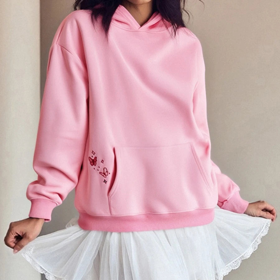Classic Women's Embroidered Hoodies Casual Cozy Stylish Floral Letter Pattern Long Sleeve Loose Fit Hooded Sweatshirt