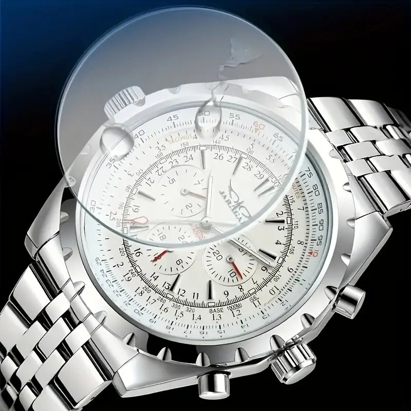 Mechanical stainless steel men’s chronograph watch with a silver-toned stainless steel case, white dial, multiple subdials, and red-tipped hands.