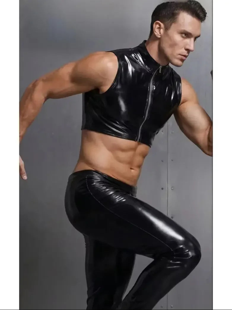 Men Plus Size Wet Look PVC Tank Top Shiny PU Leather Sleeveless Muscle Shirts Tights Fitness Gym Crop Tops Vest Tanktop Shaper