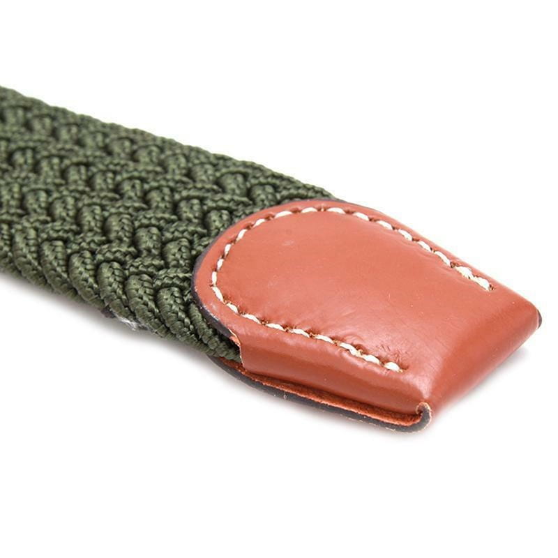 olive green woven tactical canvas belt with a tan leather tip and white stitching designed for adjustable men outdoor waistband use