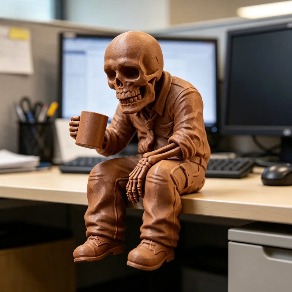 Gothic Eerie Office Worker Skeleton Miniature Figurine Seated Coffee Drinking Skull Desk Ornaments Humor Home Office Decor Gifts