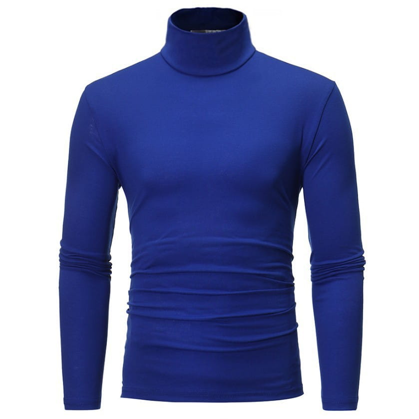 Camisa térmica tipo cuello alto ajustada para hombre color azul real, para el invierno, con tejido elástico ceñido y puños enrollados en diseño de manga larga.