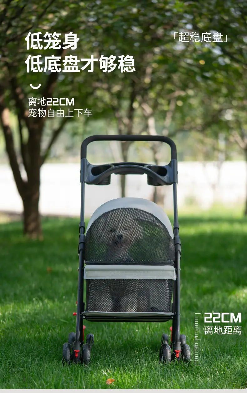 Carrito plegable para mascotas para perros y gatos pequeños, de malla gris y negra, con un armazón resistente, diseñado para una movilidad sencilla