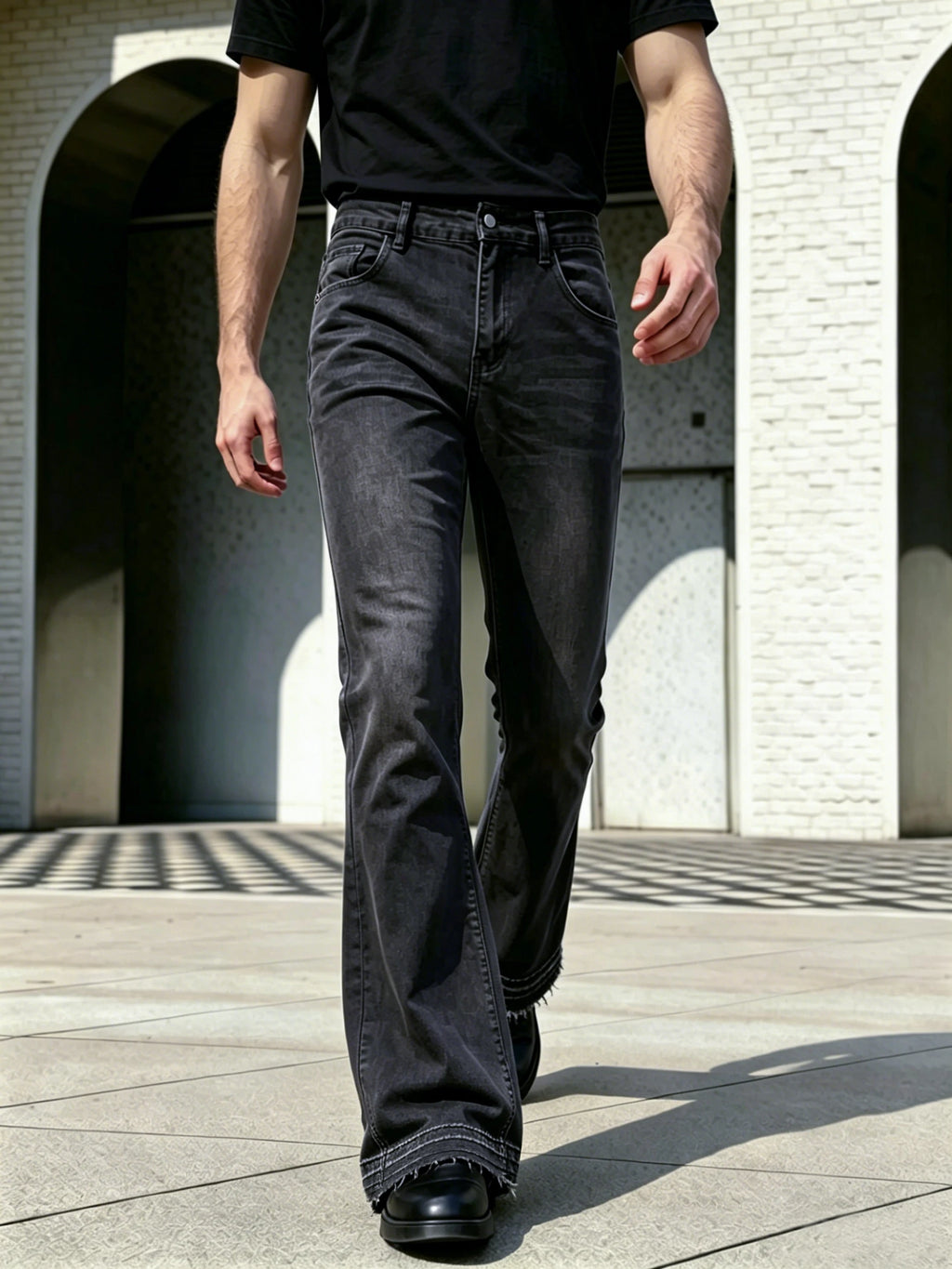 Men Pants Jeans Clothing Denim Trousers Men's Black Washed Frayed Hem Flared Bootcut Denim Jeans