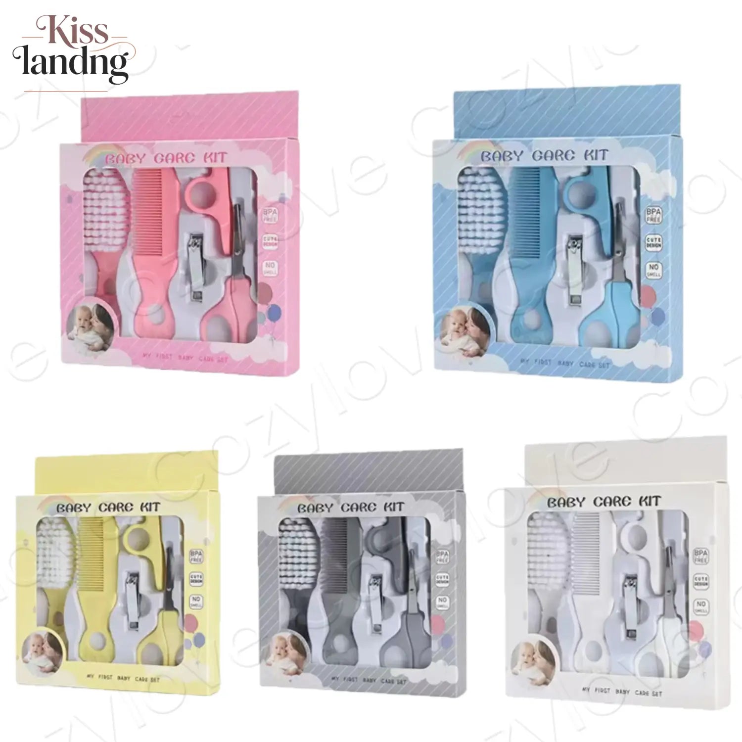 Babypflege-Set für Babys, BPA-frei, mit rosa- und blauen Pastellbürsten, Kämmen, Nagelknipsern und Scheren zur Pflege von Säuglingen.