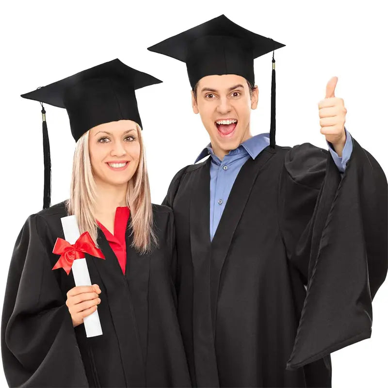 Black adult graduation cap with a tassel made of traditional fabric for 2025 commencement ceremonies shown from the back side.