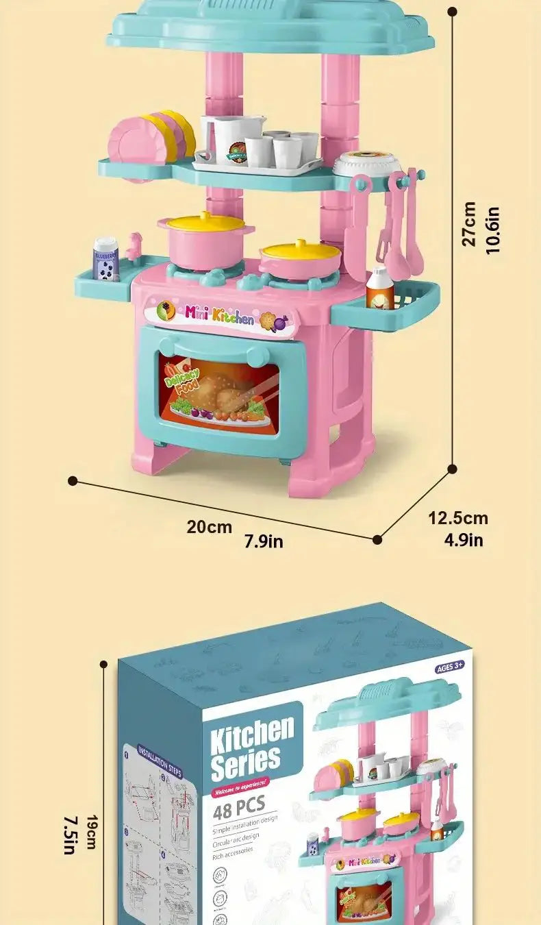 Kleines Küchen-Spielset für Rollenspiel-Kochspielzeuge mit einer pinkfarbenen und türkisfarbenen Kunststoff-Kinderküche, Miniatur-Kochgeschirr, Utensilien und einem Spielzeugofen.