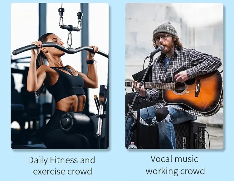the respiratory trainer lung fitness device is depicted alongside a woman exercising with a barbell at the gym and a man playing an acoustic guitar outdoors emphasizing its benefits for respiratory health and physical performance.
