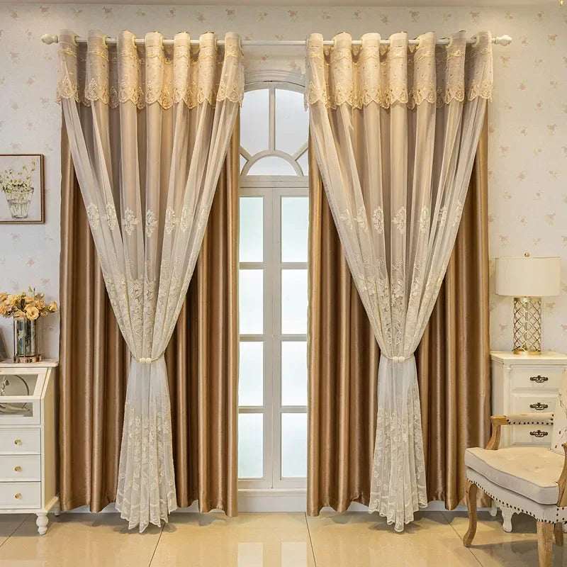 European Luxury Curtains for Living Room Bedroom  Embossed Embroidered Double-layer Blackout Cloth Gauze Integrated Custom Tulle