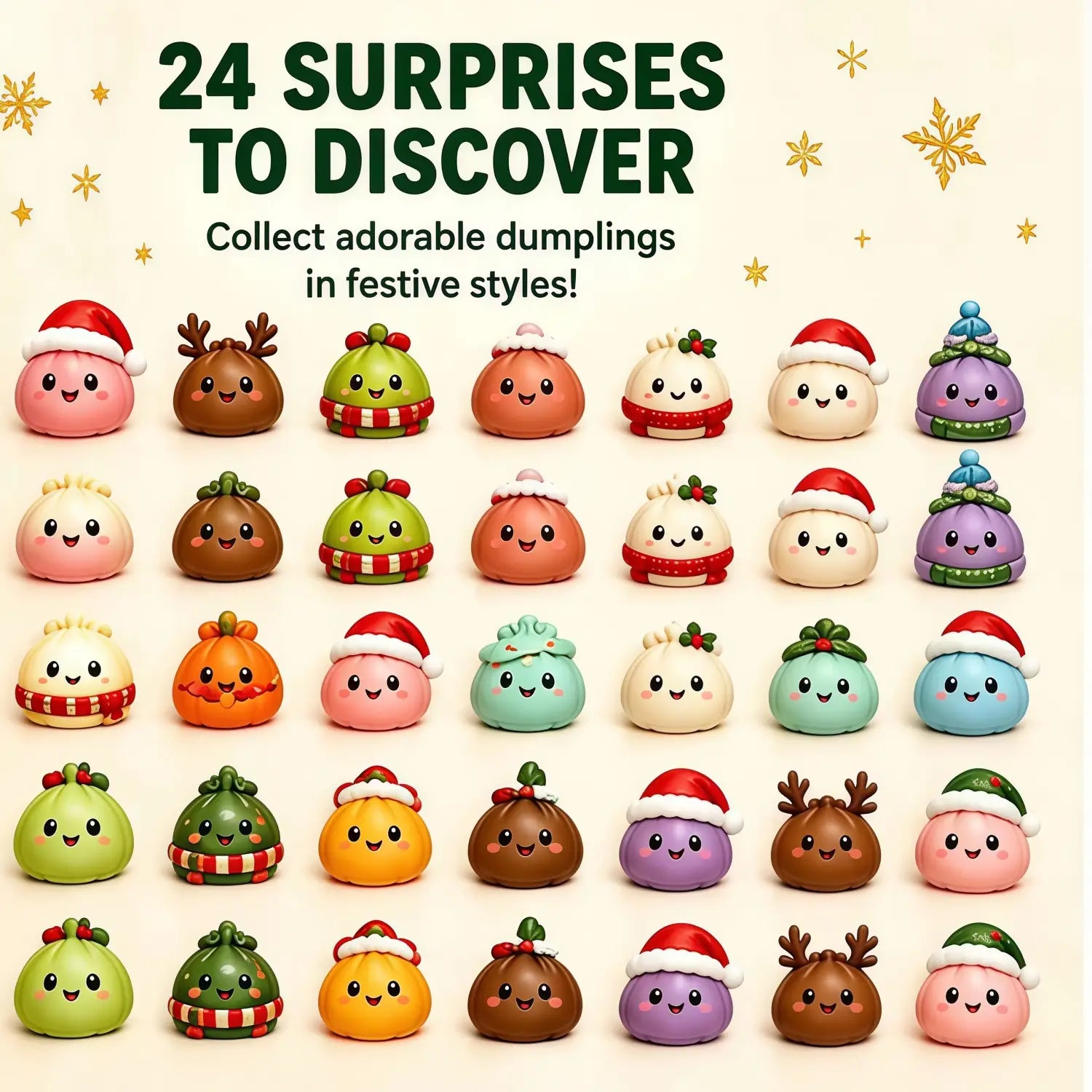 adorable collection de 24 figurines de raviolis de style festif colorées, portant des tenues thématiques de vacances, présentée dans un calendrier de l’avent de Noël de type déhoussable avec cadeau mystère surprise, parfaite pour un cadeau mystère surprise.