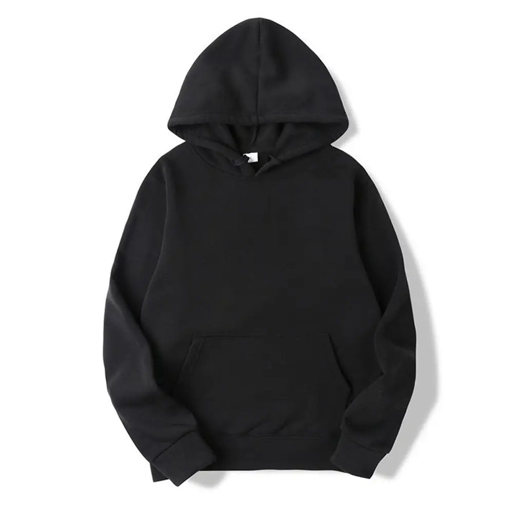 Sudadera con capucha oversize negra lisa para hombre, con bolsillo frontal y puños acanalados, confeccionada con tejido cómodo.