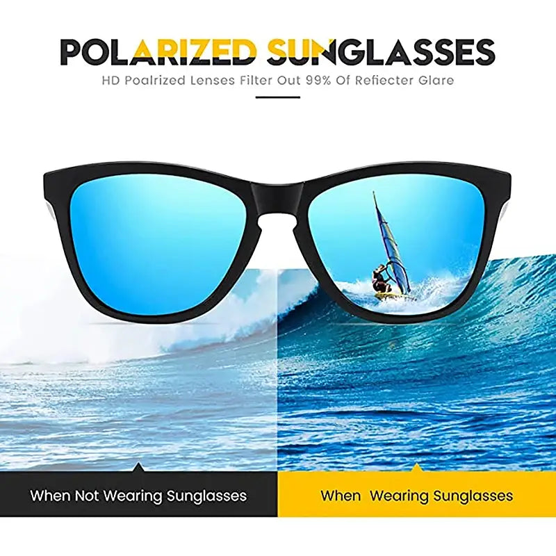 Lunettes de soleil claires colorées à monture noire, avec protection UV400 et verres réfléchissants polarisés vibrants bleu