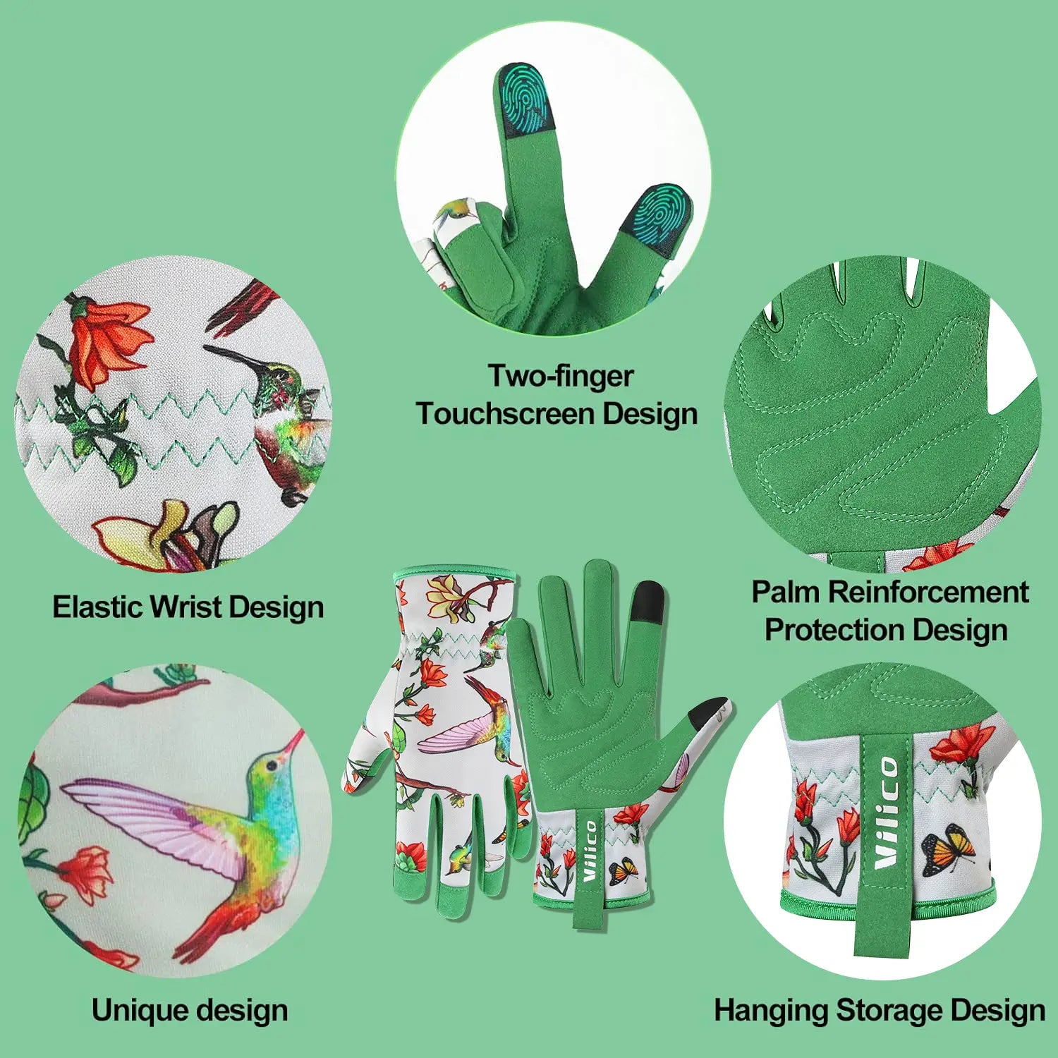 Floral touchscreen gardening gloves for women featuring green and white colors with a hummingbird and floral pattern, reinforced palm protection, and an elastic wrist design.
