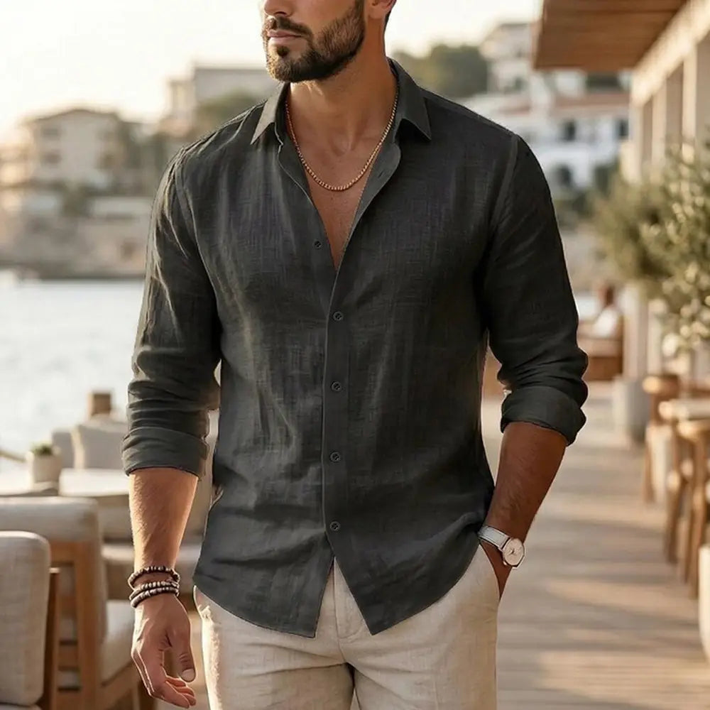dark gray cotton linen mens long sleeve casual button down shirt with rolled up sleeves