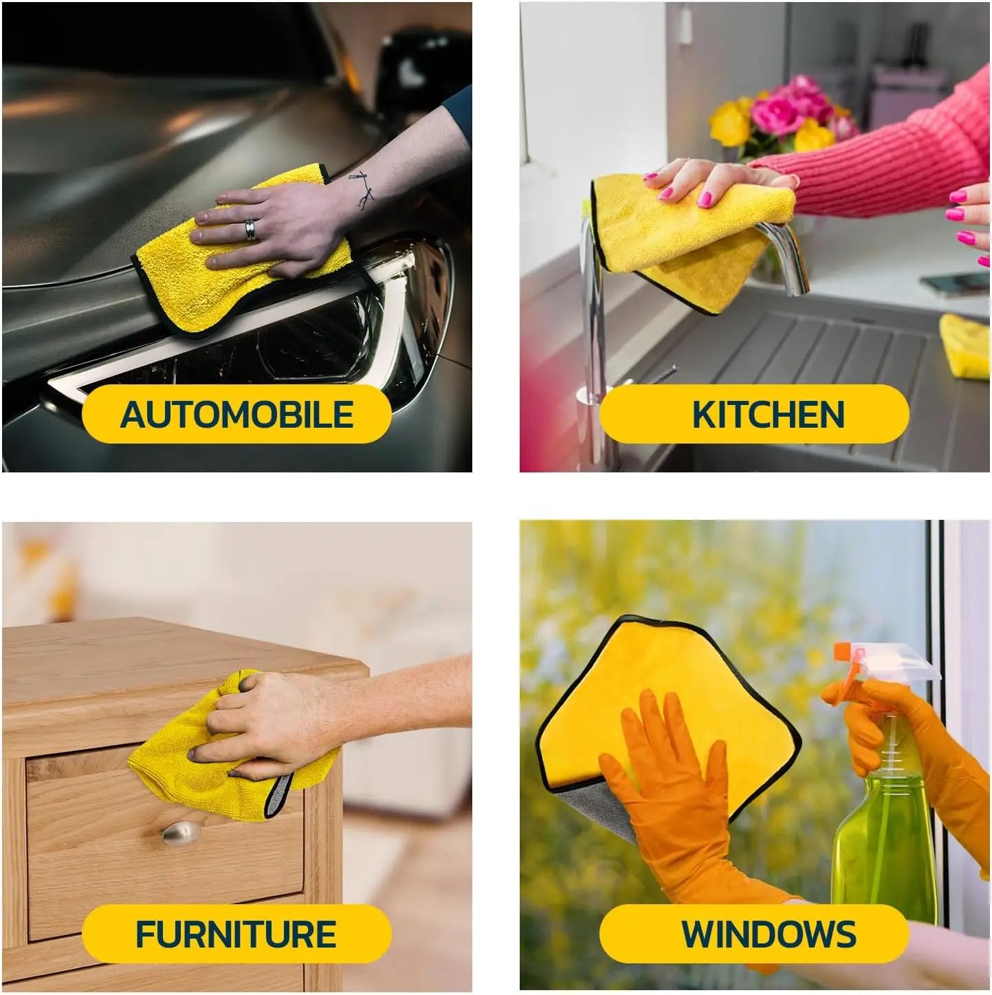 Chiffon de nettoyage en microfibres jaune vif avec bordure noire, utilisé pour de nombreuses surfaces dans un kit de nettoyage pour voiture et un ensemble de brosses de nettoyage