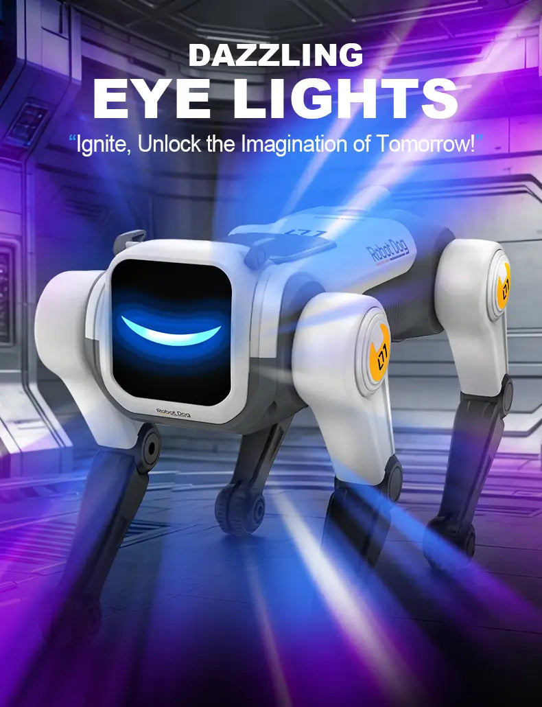 White and gray robot dog with glowing blue eye lights featuring intelligent AI and programmable RC toy functionality.