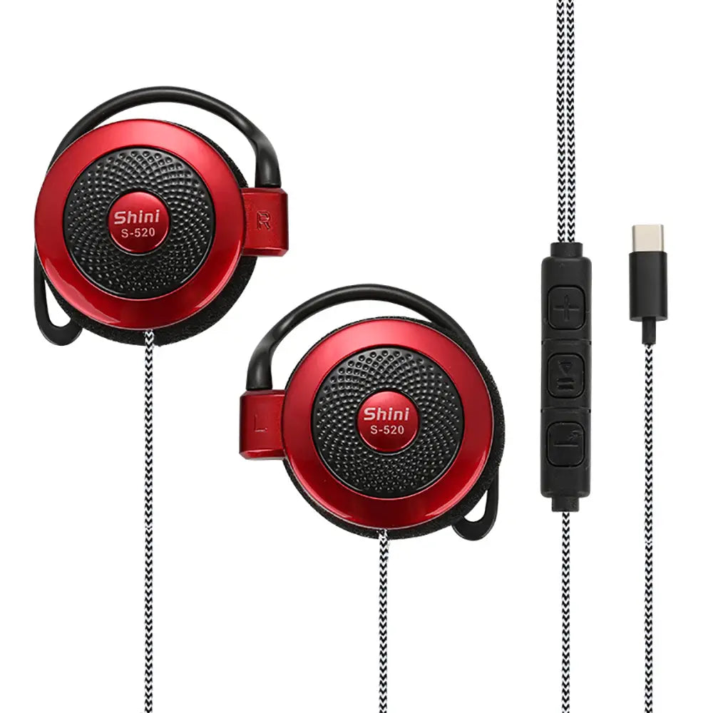 red and black shini s-520 usb-c wired on-ear sports headphones with a sleek circular design.