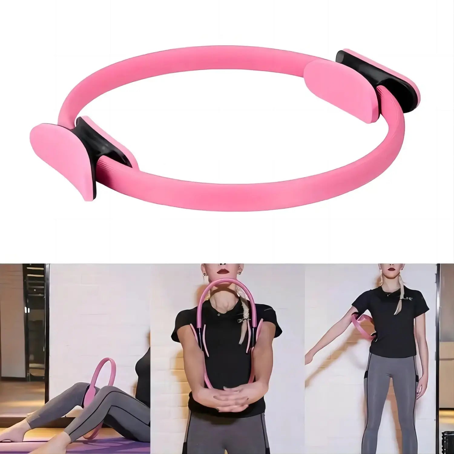 Pink pilates ring with black adjustable clamps made of durable material featured in a 5-piece pilates ring and resistance band set.
