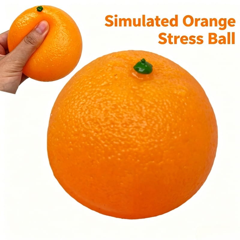 Jouet sensoriel d’anti-stress en silicone orange, de couleur orange vif, avec une texture de peau et une tige verte, conçu pour évoquer un véritable fruit d’agrumes.