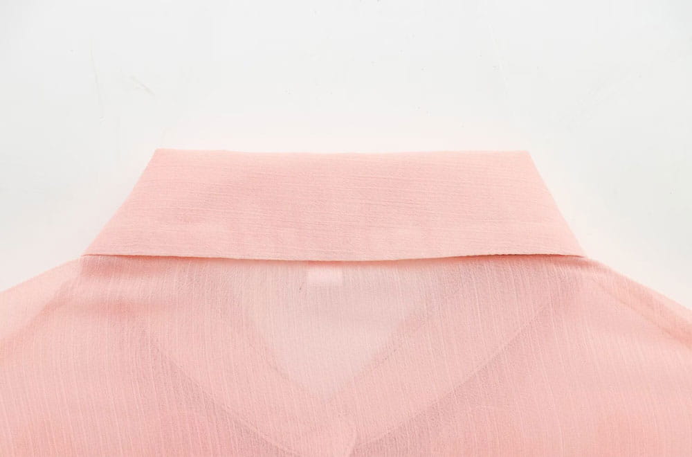 A delicate pink textured ruffled button up blouse made of sheer fabric featuring a softly structured collar.