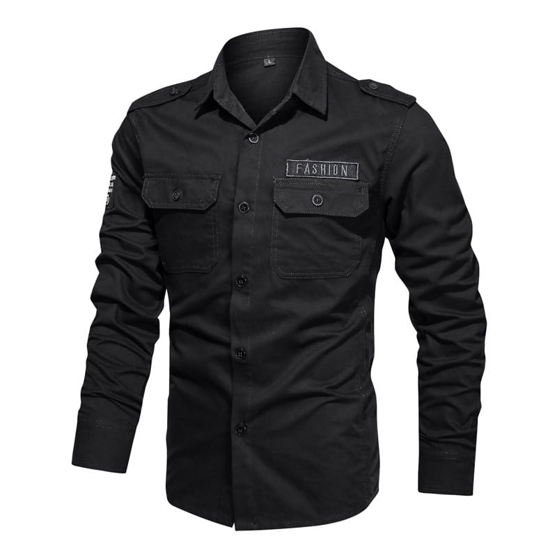 Men cotton casual long sleeve military cargo shirt in black with two chest pockets and a fashion patch on the left pocket.
