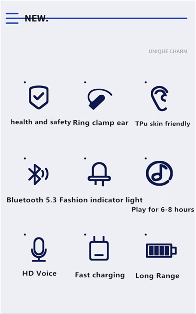 bluetooth 5.3 wireless earphone clip with noise reduction, ring clamp design, tpu skin-friendly material, and a fashion indicator light for high quality style and functionality.