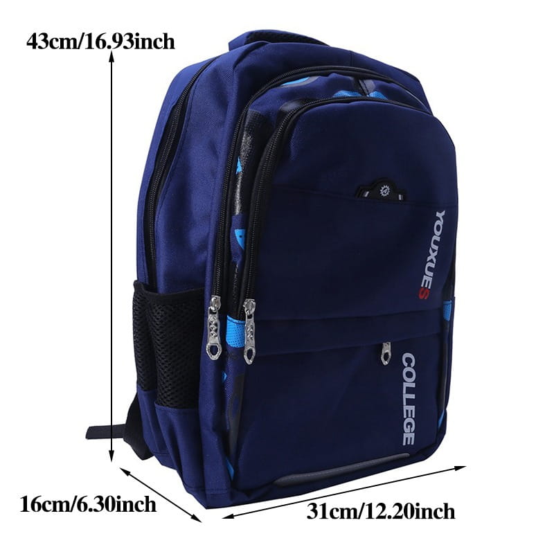 Navyblauer „youxue“-College-Jungen-Wasserschulrucksack mit schwarzen Reißverschlüssen und seitlichen Netztaschen, von der Rückseite dargestellt.