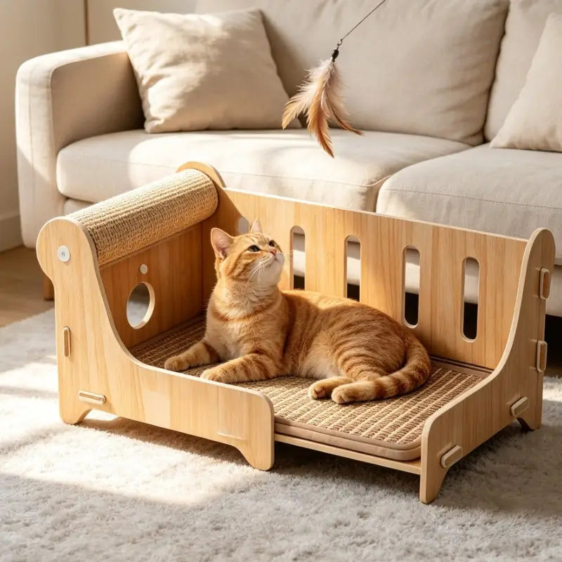 Cama grande para gato de madera con acabado de madera clara, bordes redondeados y superficie de rascado de sisal tejida, diseñada para atender consultas del cliente sobre la diferencia de precios y los derechos de aduana.