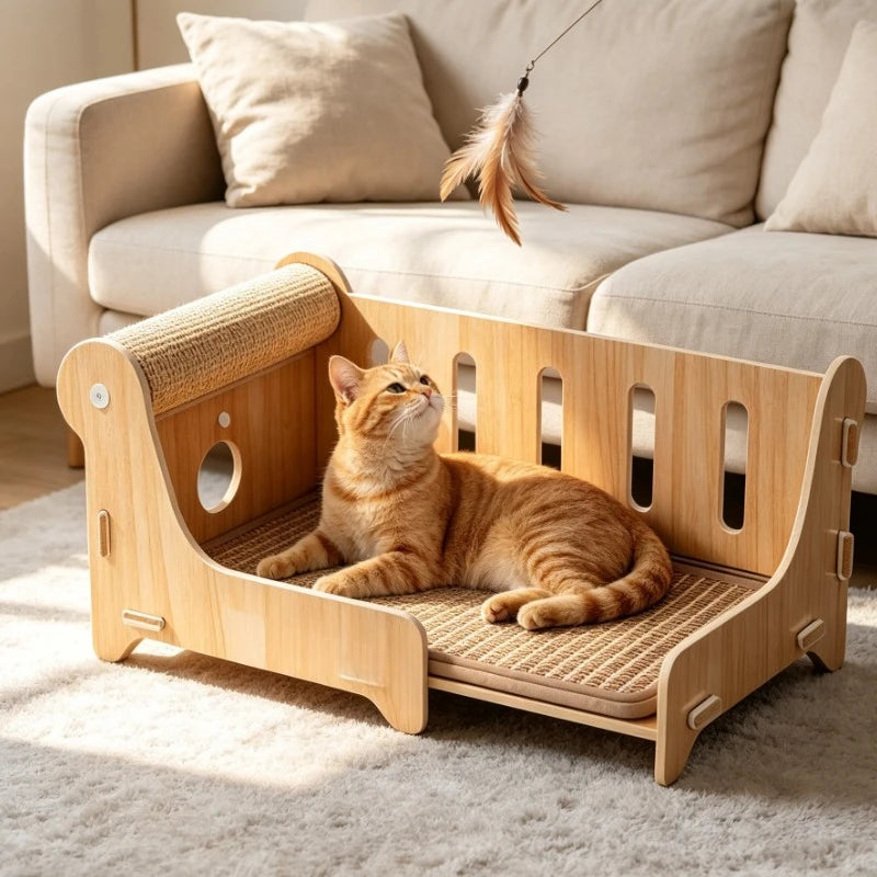 Large Wooden Cat Bed With Sisal Scratching Post Lounge Sofa Furniture For Indoor Pets Living Room Summer Cooling Pet Supplies
