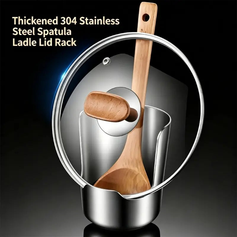 A stainless steel pot lid and spoon holder stand featuring a sleek, thickened 304 stainless steel ladle lid rack with a polished metallic finish and a wooden handle.