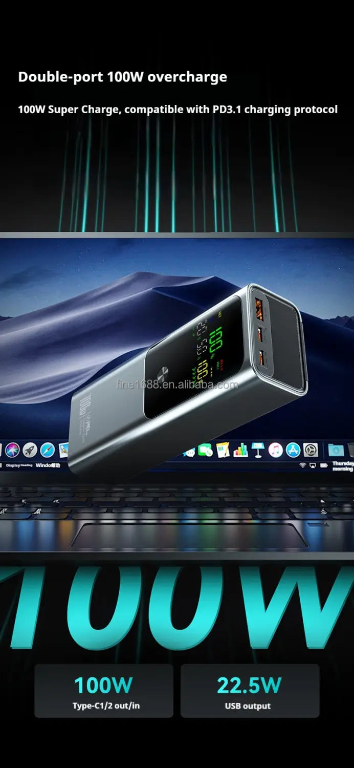 Silver metallic double-port 100w usb-c charger with a digital display and pd3.1 compatibility in a sleek rectangular design for modern tech use featured in a 100w 20000mah laptop power bank fast charger.