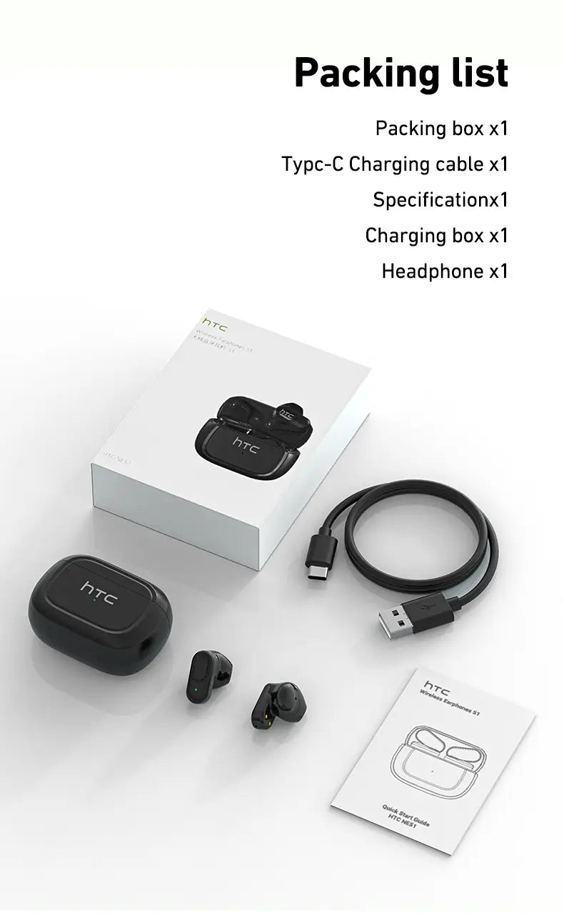 高度なBluetoothバージョン技術を備えた、洗練された光沢仕上げのブラックのHTC Ne51 Bluetoothイヤホンと、マッチする充電ケース。