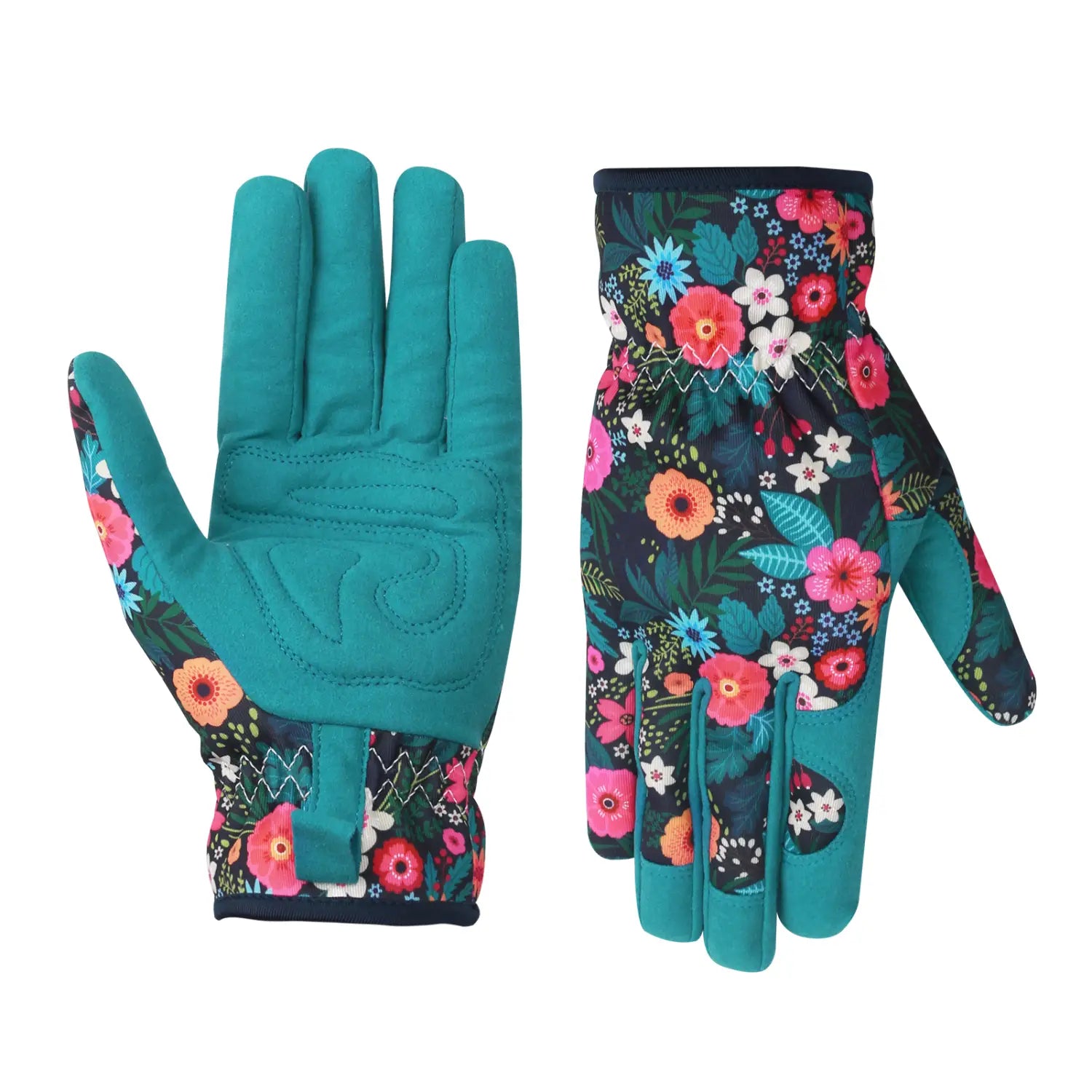 Gants de jardinage floraux pour femmes en tissu turquoise respirant anti-épines, avec un motif floral vibrant sur la face arrière et une paume renforcée.