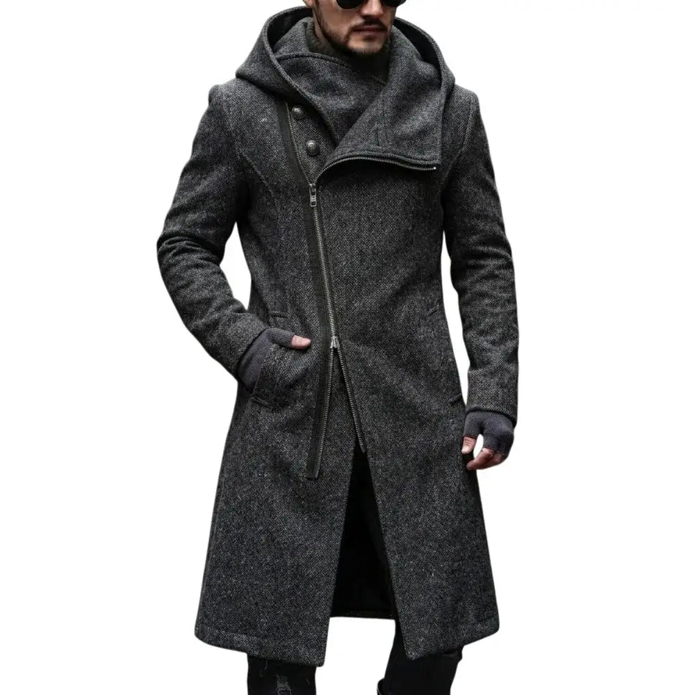 Abrigo largo de lana texturizada color gris oscuro con capucha y cierre asimétrico mediante cremallera, diseñado para el abrigo tipo gabardina con capucha de lana marrón para hombre y la moda urbana y2k.