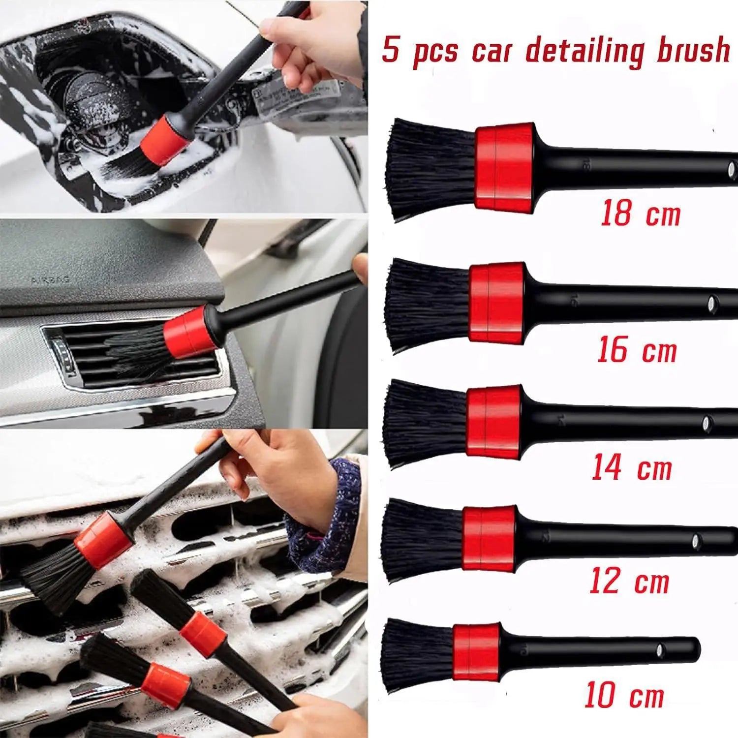 Ensemble de cinq brosses de nettoyage pour voiture noires avec accents rouges, comportant des soies denses et des longueurs variables de 10 à 18 cm, pour un nettoyage précis du véhicule.