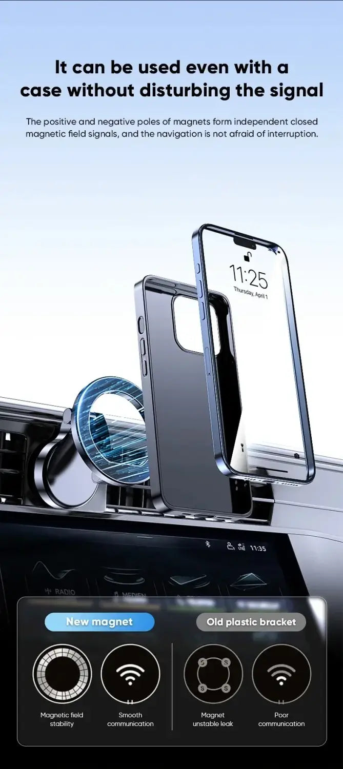 A sleek circular aluminum alloy phone holder with a metallic base and blue translucent ring securely holds an iPhone as a magnetic car phone stand.